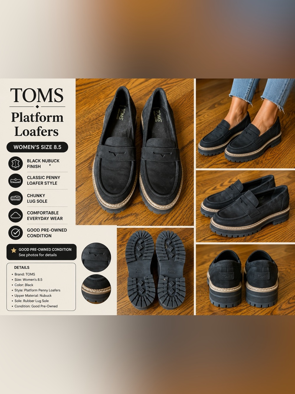 TOMS Black Platform Penny Loafers Lug Sole Shoes Women’s Size 8.5